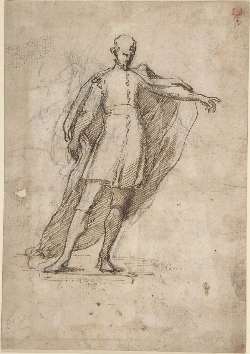 Sketch of a Standing Male Figure Wearing a Cape — Anonymous, Italian, early 19th century