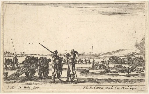 Plate 3: An officer giving orders to a soldier in centre foreground, cannon at left, from 'Various Military Caprices' (Varii capricci militari)