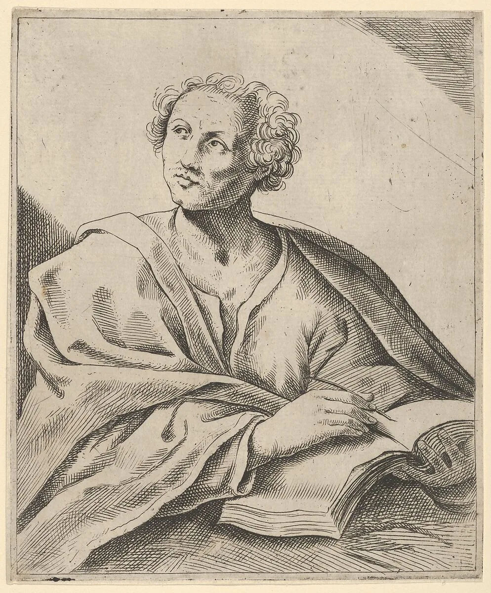 A man holding a book, about to write in it, looking upwards to the left, after Reni (?) — Guido Reni|Anonymous