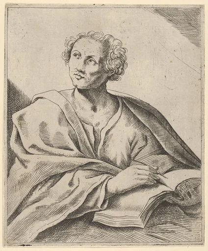 A man holding a book, about to write in it, looking upwards to the left, after Reni (?)