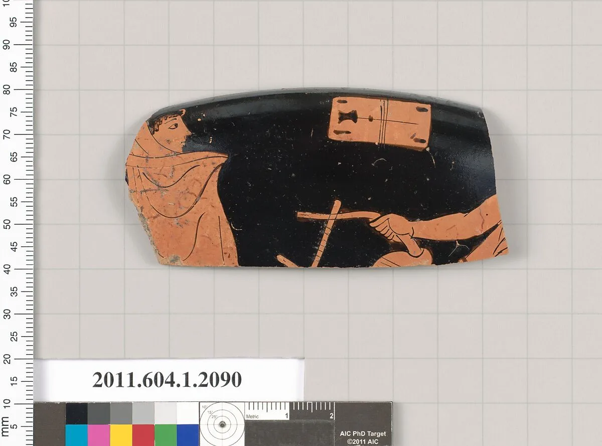 Terracotta rim fragment of a kylix (drinking cup) — Telephos Painter