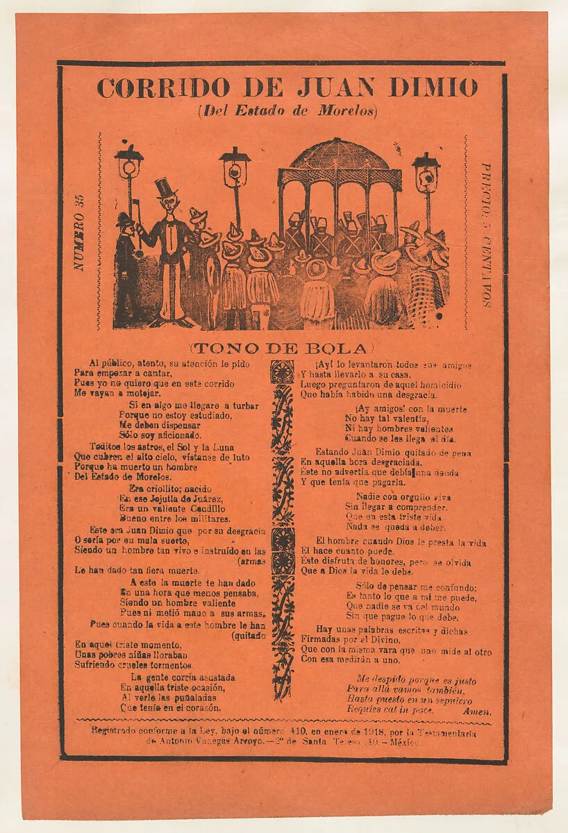 Broadsheet relating to the death of Juan Dimio, crowd of people gathered around a gazebo while a man wearing a top hat looks out toward viewer — Antonio Vanegas Arroyo|José Guadalupe Posada