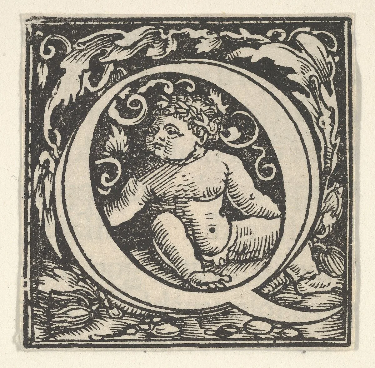Initial letter Q with putto — Heinrich Vogtherr the Elder