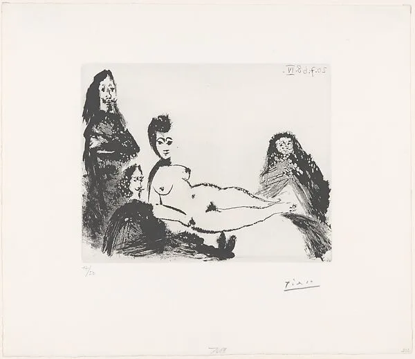 Jacqueline as Nude Maja, with Célestine and Two Musketeers, from 347 Suite — Pablo Picasso|Aldo and Piero Crommelynck|Galerie Louise Leiris