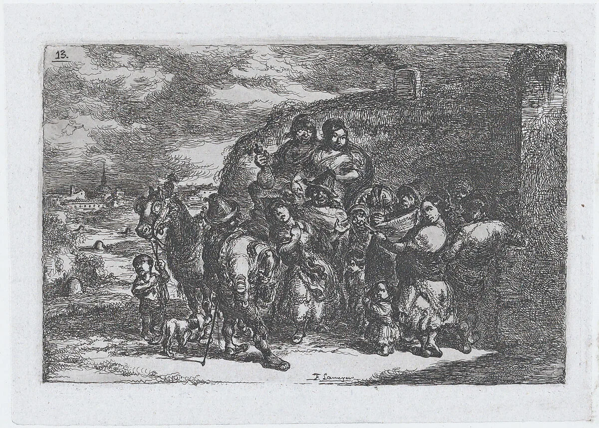 Plate 13: a group of people outdoors including possibly musicians, from the series of customs and pastimes of the Spanish people — Francisco Lameyer y Berenguer