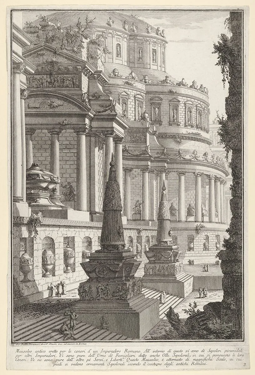 Plate 3: 'Ancient mausoleum erected for the ashes of a Roman emperor' (Mausoleo antico eretto per le ceneri d'un imperadore romano), from the series 'Part one of architecture and perspectives: drawn and etched by Gio. Batt'a Piranesi, Venetian Architect: dedicated to Nicola Giobbe' (Prima parte di Architetture, e prospettive inventate, ed incise da Gio. Batt'a Piranesi Architetto Veneziano dedicate al Sig. Nicola Giobbe) — Giovanni Battista Piranesi