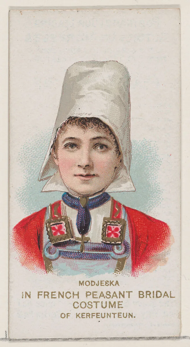 Modjeska in French Peasant Bridal Costume of Kerfeunteun, from the set Actors and Actresses, First Series (N70) for Duke brand cigarettes — W. Duke, Sons & Co.|Knapp & Company