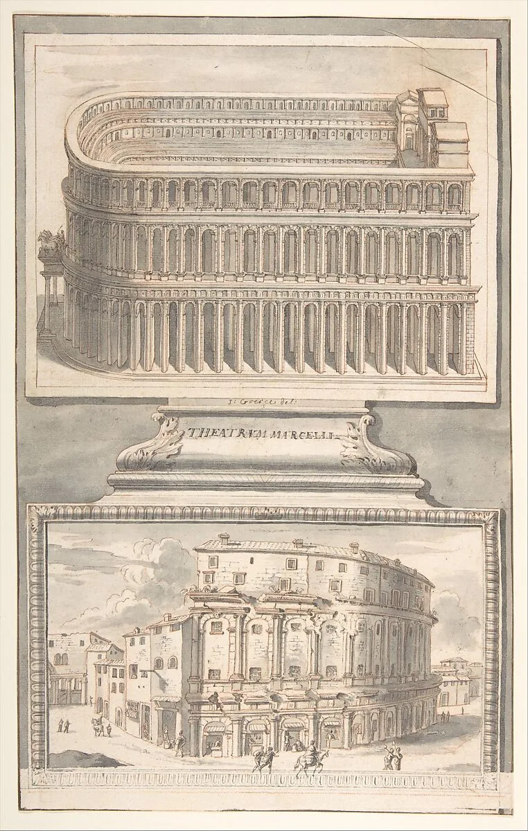 Reconstruction of the Theatre of Marcellus (above) and a View of the Ruins (below) — Jan Goeree