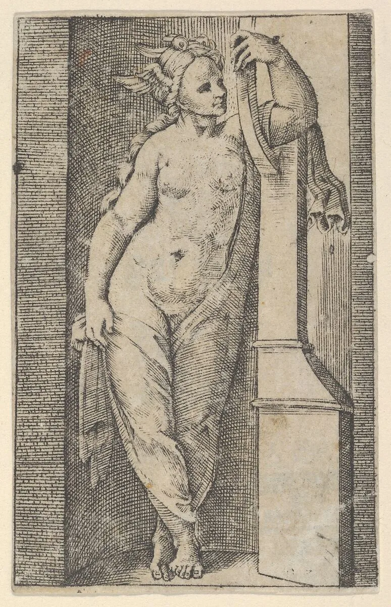 Woman with a winged head standing in a niche — Marcantonio Raimondi