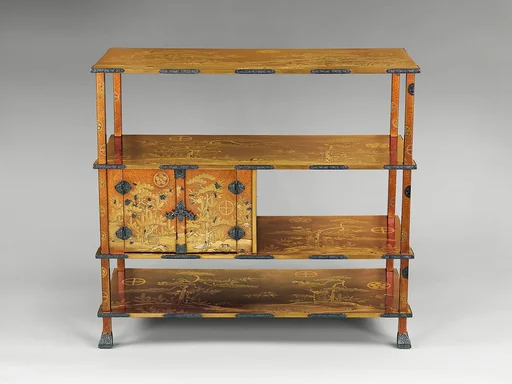 松竹桜紋散蒔絵黒棚|Shelf for Cosmetic Boxes (Kuro-dana) with Pine, Bamboo, Cherry Blossoms, and Crests of the Matsudaira and Shimazu Families