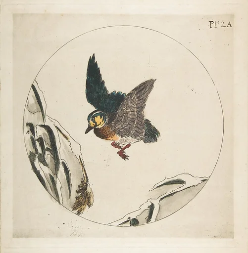 Decoration for a Plate: A Duck flying over Snow-covered Branches