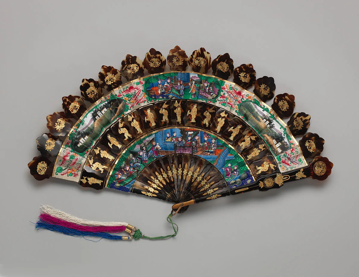Folding Cabriolet Fan with Multiple Scenes of Performers, Landscapes, and Figures in Courtyard Gardens — Unknown