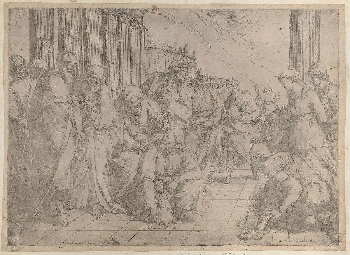 Christ kneels and writes on the pavement at center, while the woman taken in adultery stands between three soldiers at right — Luca Giordano|Francesco Palmieri