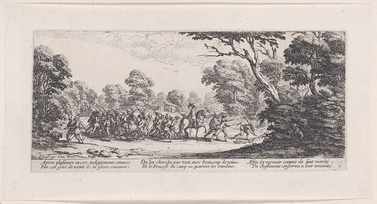 Découverte des Malfaiteurs (The Discovery of the Criminals), from Les Misères et les Mal-Heures de la Guerre (The Miseries and Misfortunes of War), plate 9 — Jacques Callot|Israël Henriet