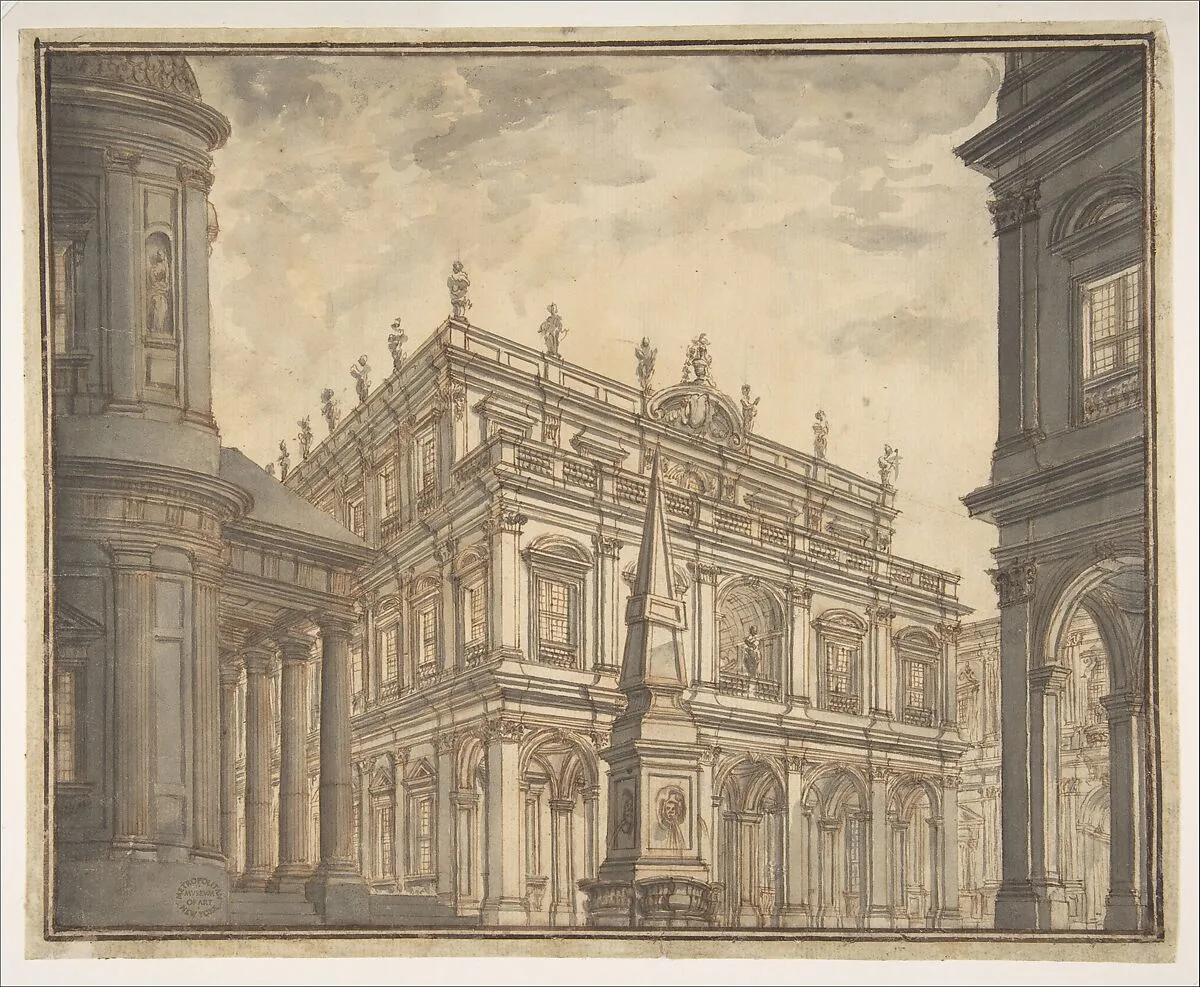 Design for a Stage Set: A Town Square with a Fountain. — Ferdinando Galli Bibiena
