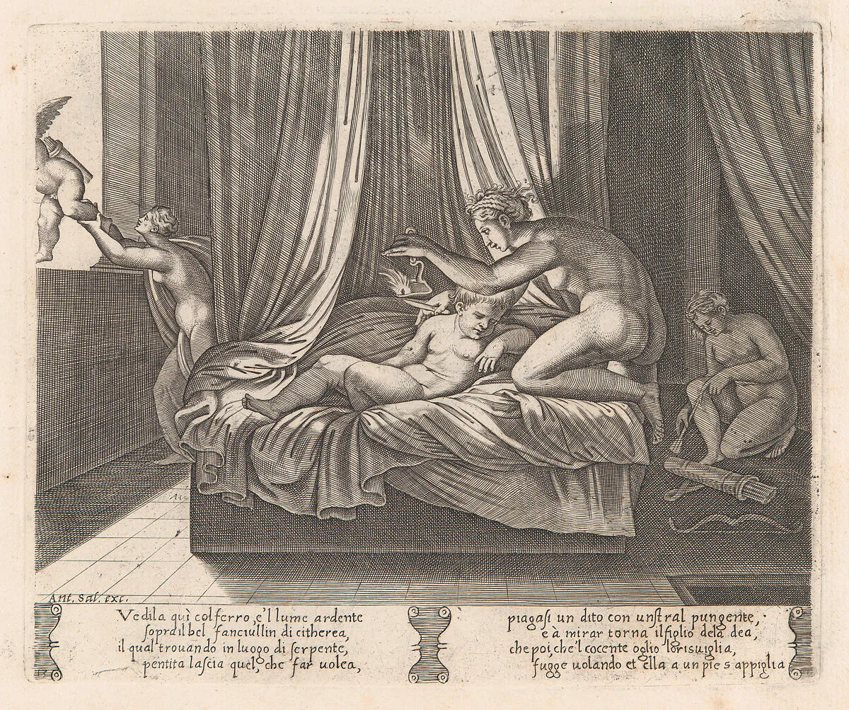 Plate 13: Psyche looking at Cupid, from "The Story of Cupid and Psyche as told by Apuleius" — Michiel Coxie (I)|Antonio Salamanca|Agostino Veneziano (Agostino dei Musi)