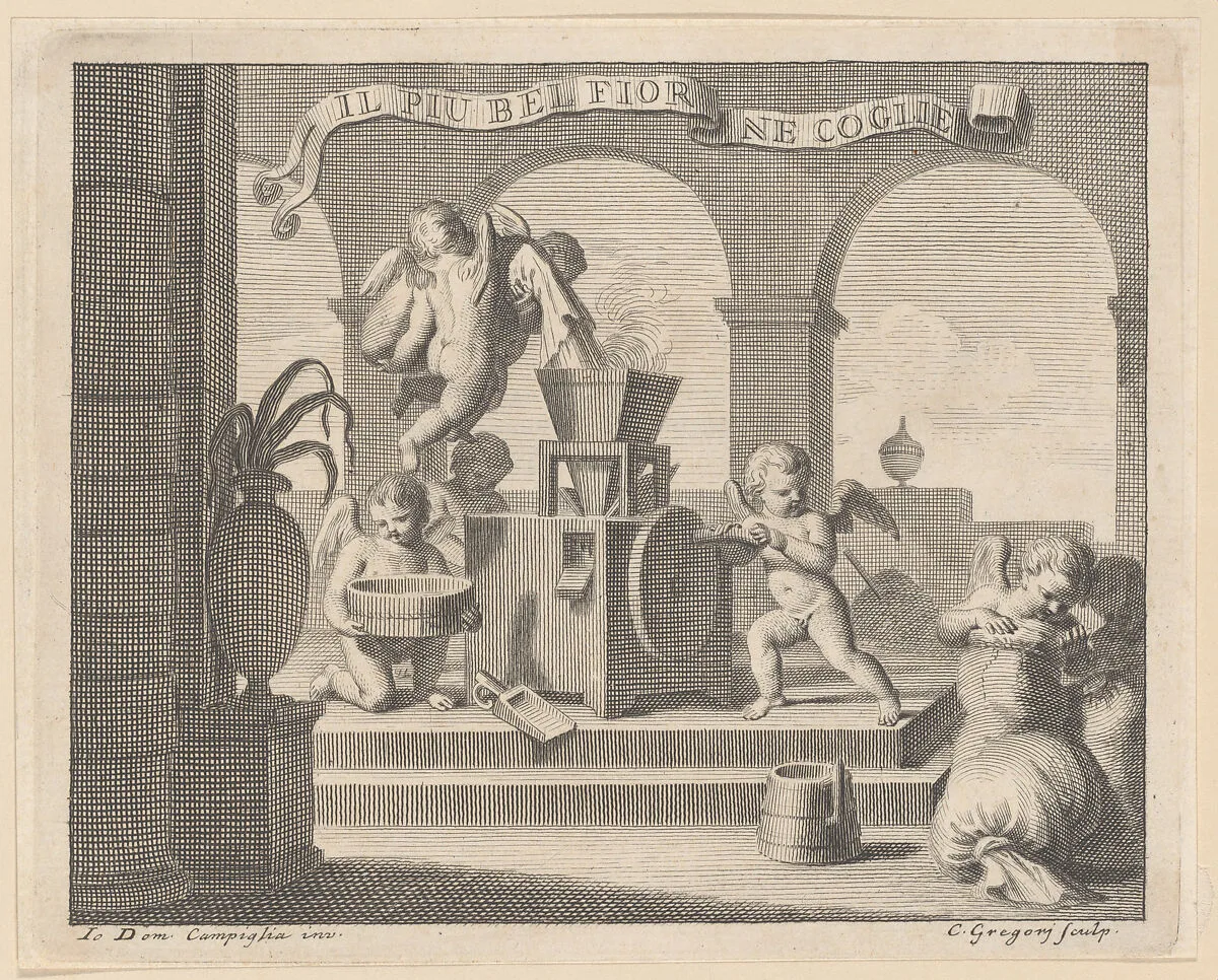 She gathers the fairest flower (Il più bel fior ne coglie), a group of six putti working together in an arched workshop — Giovanni Domenico Campiglia|Carlo Gregori