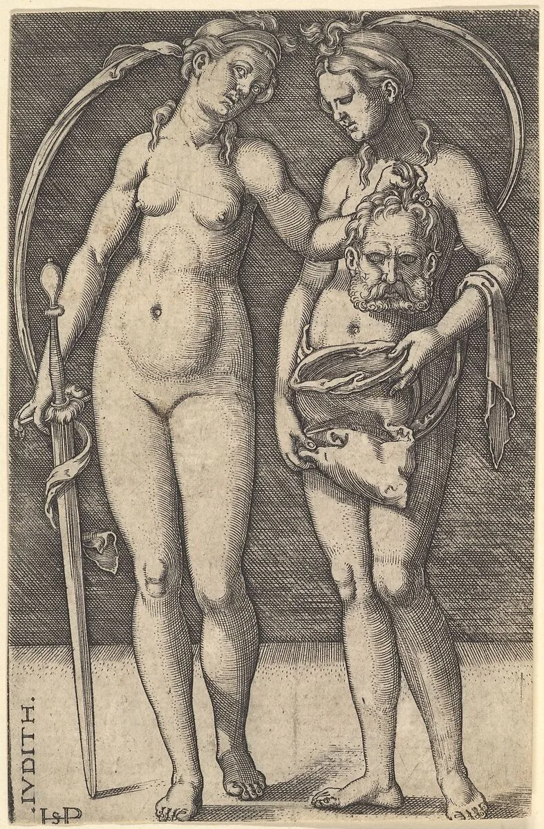 Judith standing to right and holding the head of Holofernes in her right hand and a sword in her left hand, her servant standing to right holding an open bag — Sebald Beham