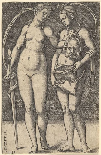 Judith standing to right and holding the head of Holofernes in her right hand and a sword in her left hand, her servant standing to right holding an open bag
