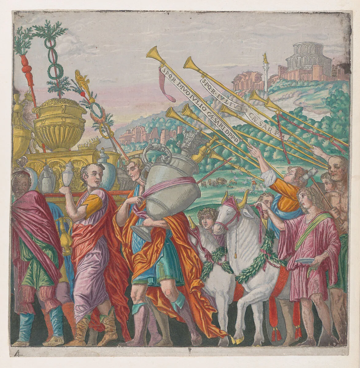 Sheet 4: Men carrying trophies at left, trumpeters at right, from "The Triumph of Julius Caesar" — Andrea Andreani|Andrea Mantegna|Bernardo Malpizzi