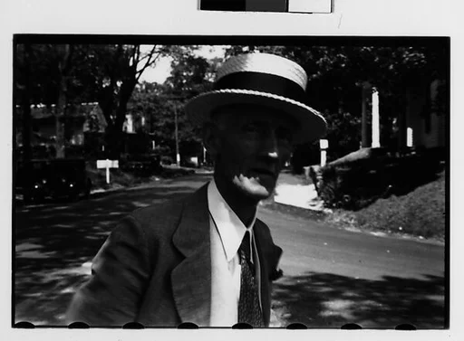 [Two 35mm Film Frames: Man Wearing Straw Boater on Street, Probably Vicinity Danbury, Connecticut]