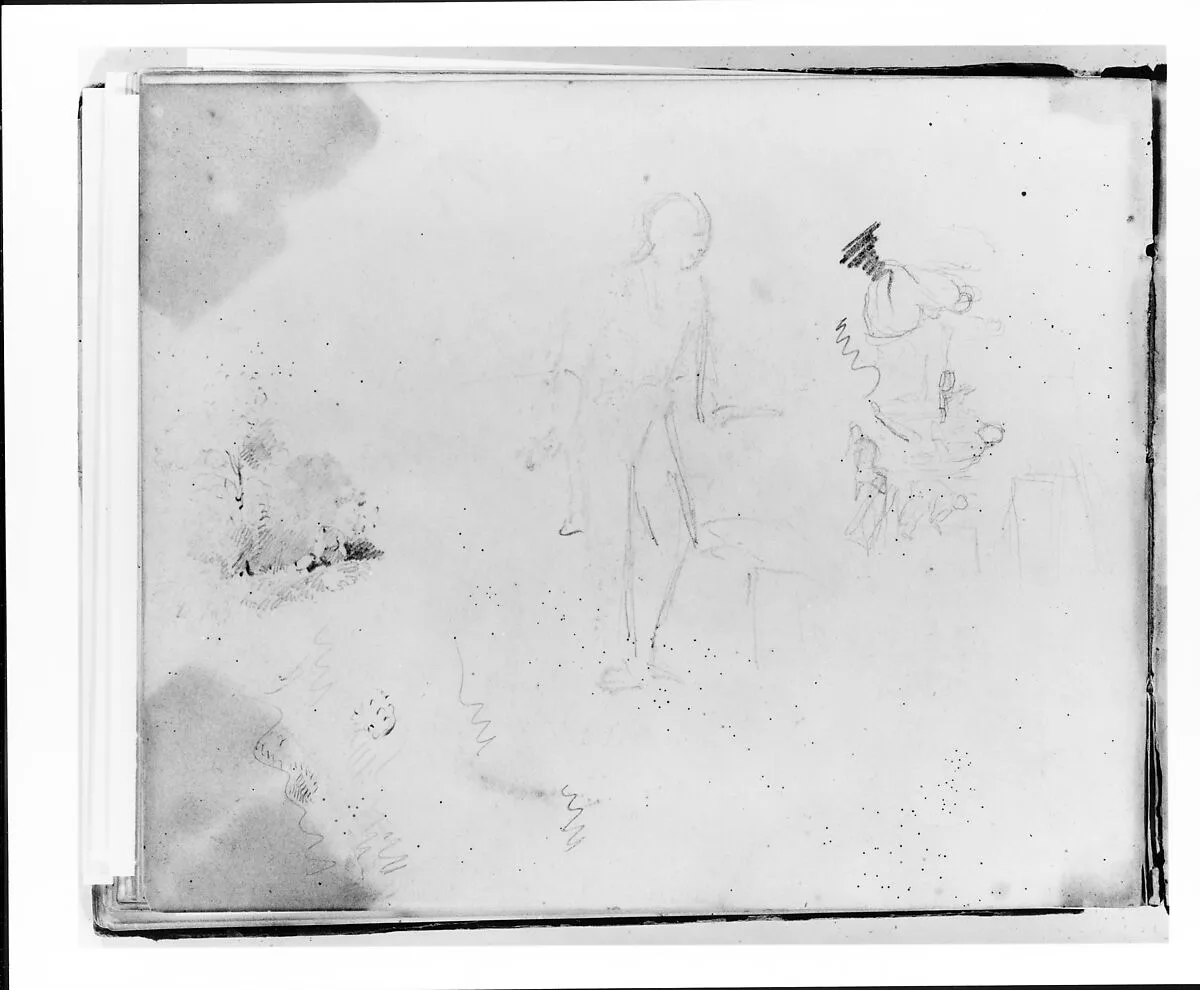 Three Studies: Standing Figure Facing Left; Interior with Figures and a Dog; Landscape (from Sketchbook) — Francis William Edmonds