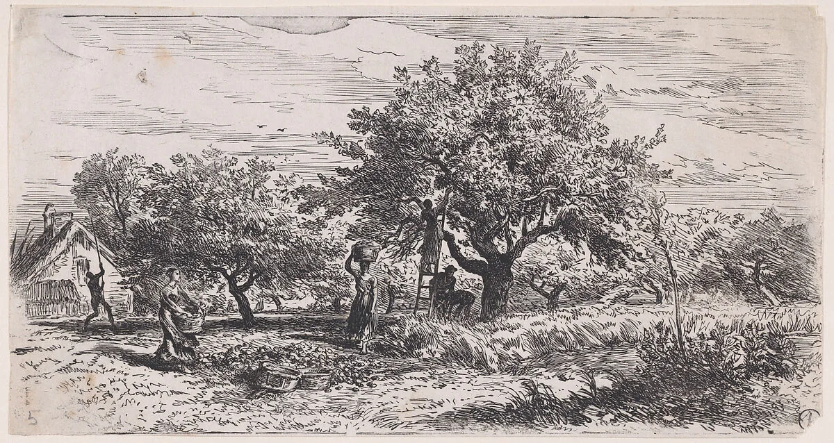 Picking fruit from tree outside cottage — Charles Jacque|Jacques-Adrien Lavieille
