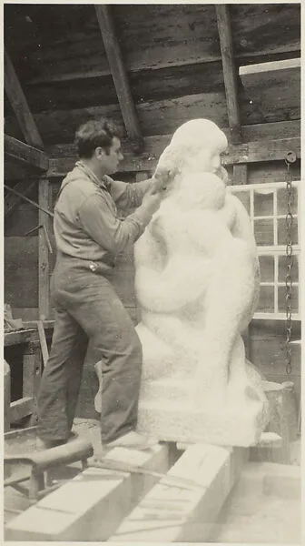 Roughing Out the First Stage of "Mother and Child", Marble, In Zorach's Studio, Robinhood, Maine — Charles Sheeler
