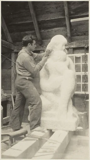 Roughing Out the First Stage of "Mother and Child", Marble, In Zorach's Studio, Robinhood, Maine