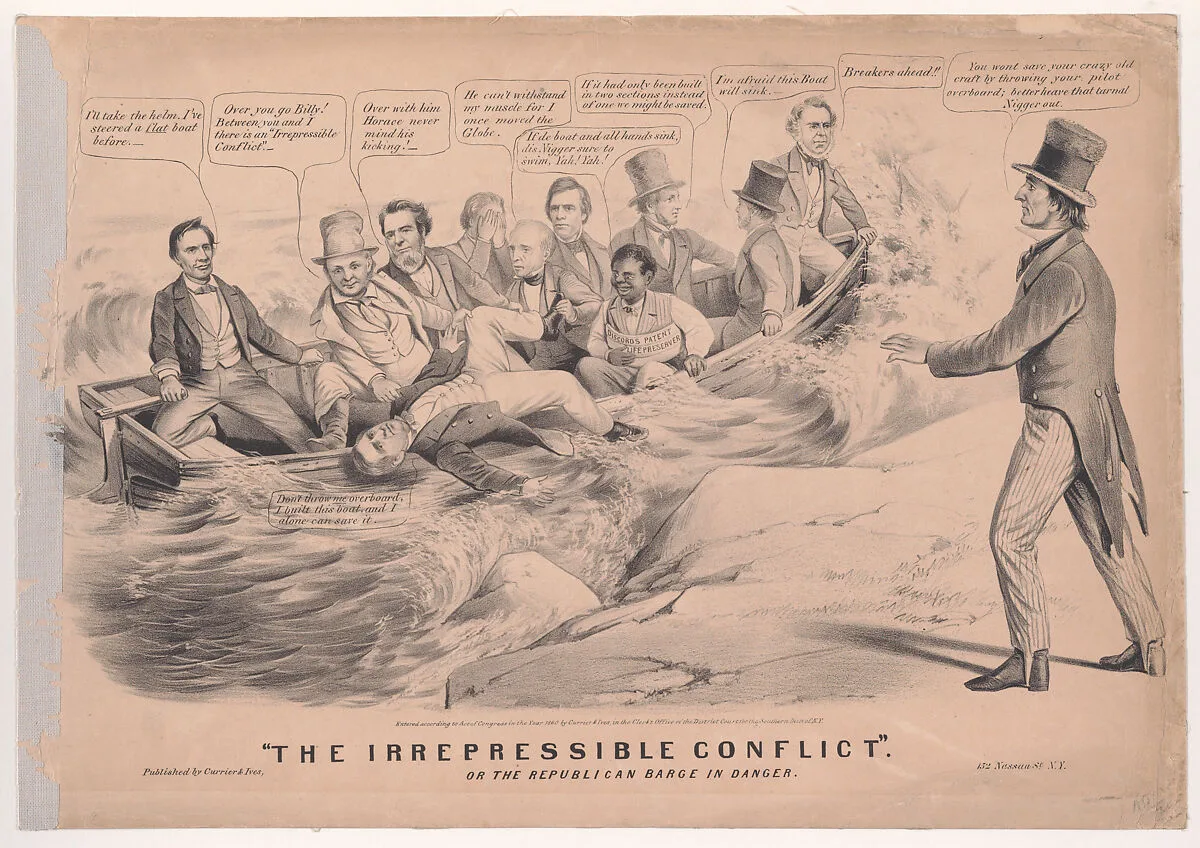 "The Irrepressible Conflict," or the Republican Barque in Danger — Francis Preston Blair Jr.|James Watson Webb|Horace Greeley|Edward Bates|William H. Seward|Abraham Lincoln|Louis Maurer|Currier & Ives