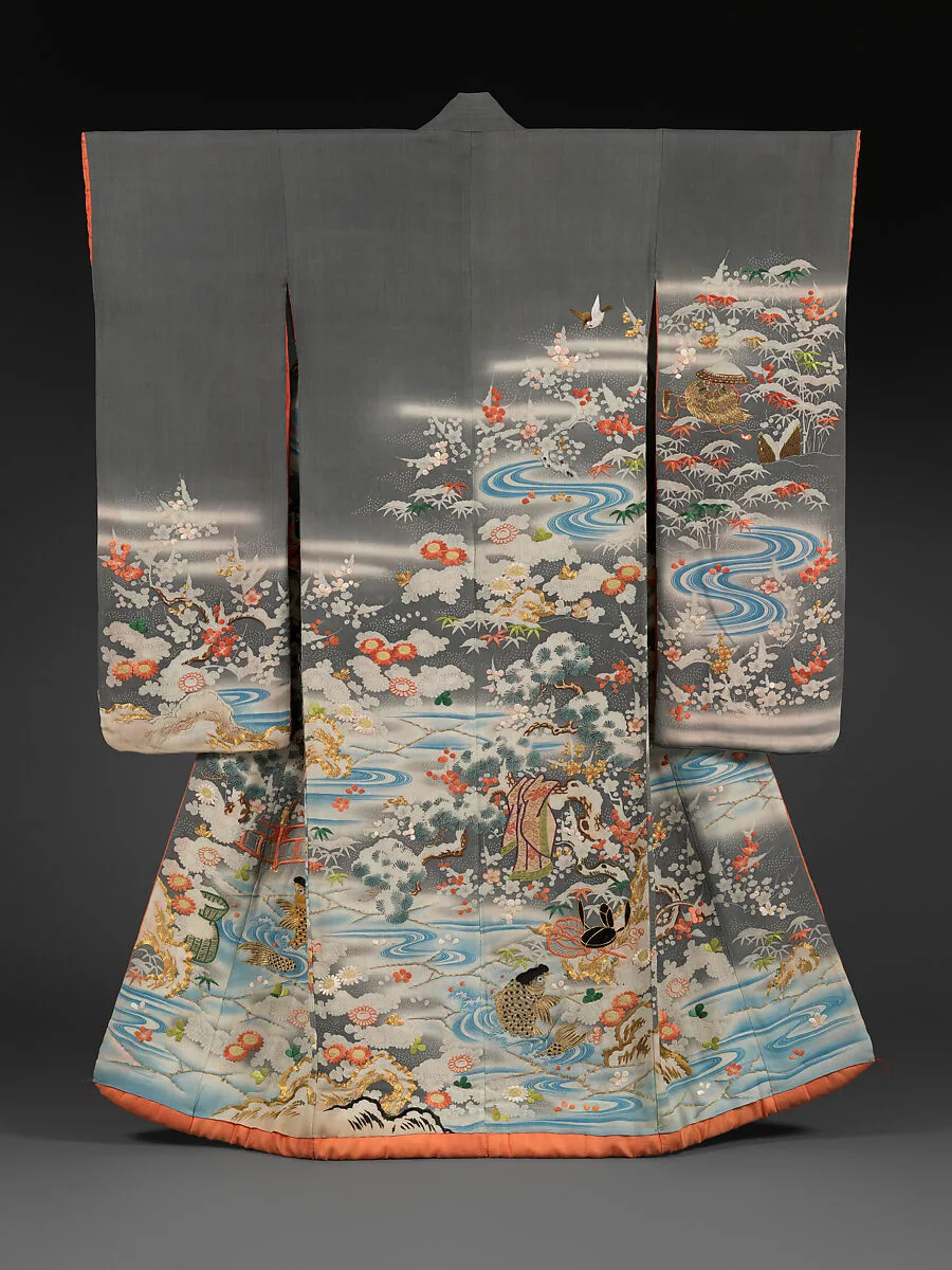 鼠縮緬地風景二十四孝模様打掛|Outer Robe (Uchikake) with Scenes of Filial Piety — Unknown