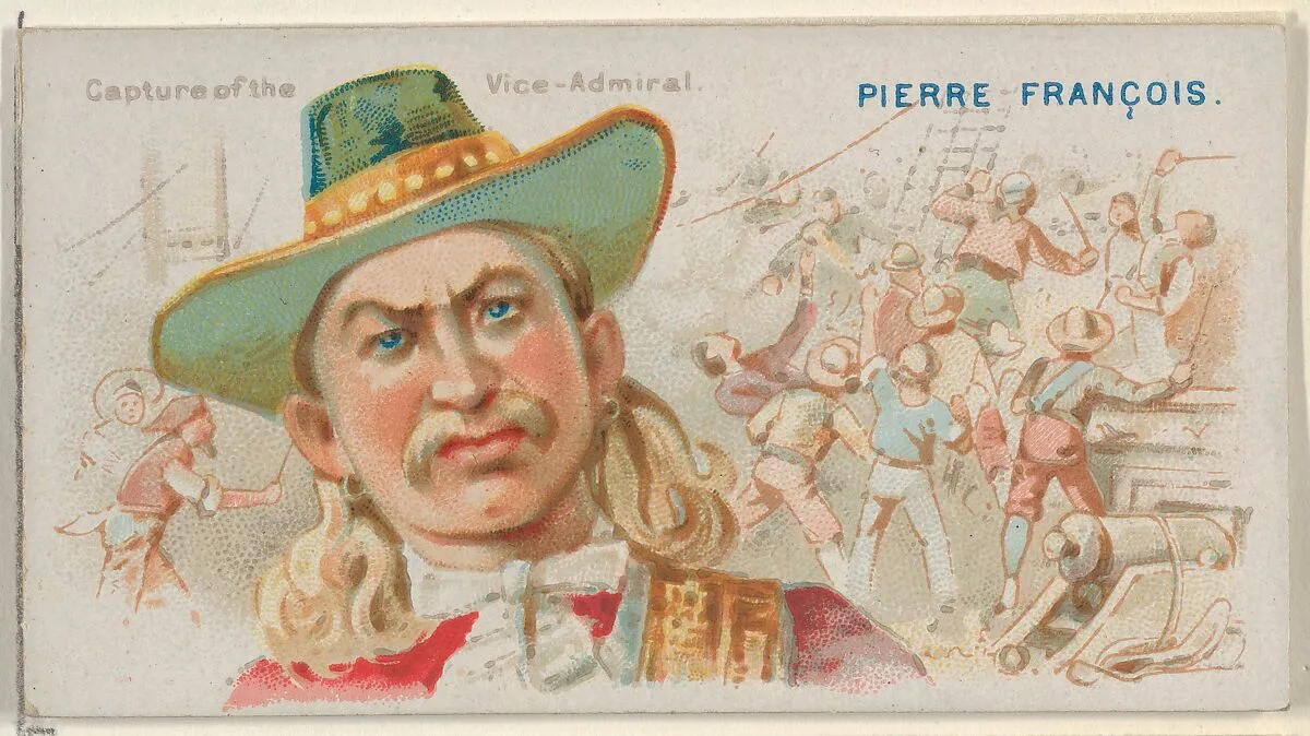 Pierre François, Capture of the Vice-Admiral, from the Pirates of the Spanish Main series (N19) for Allen & Ginter Cigarettes — Allen & Ginter|George S. Harris & Sons