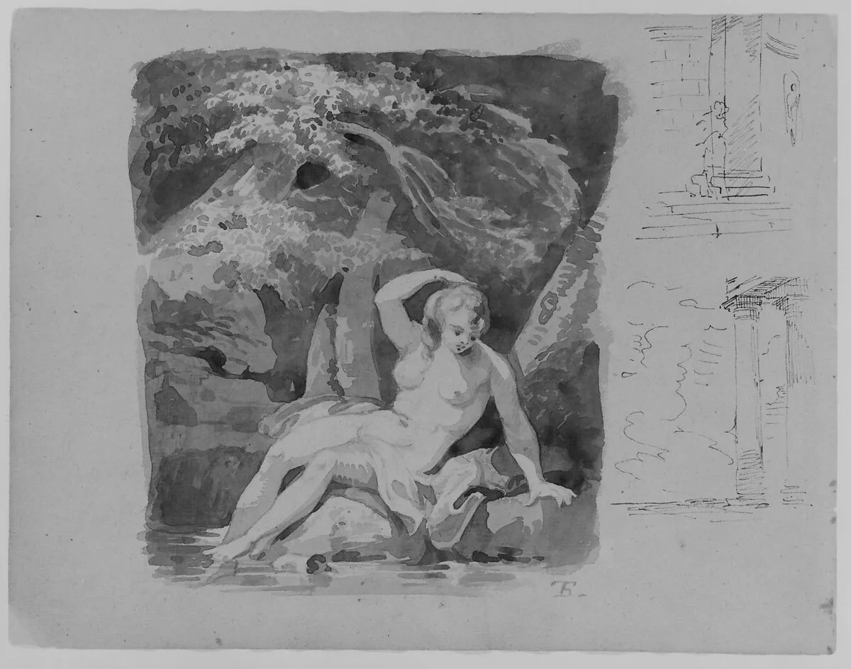 Reclining Female Nude in Landscape; Two Architectural Sketches (from Sketchbook) — Thomas Sully