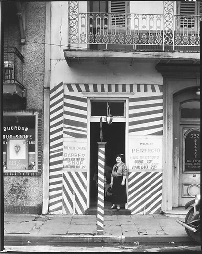[Painted Doorway of "French Opera" Barber Shop on Bourbon Street, New Orleans, Louisiana]