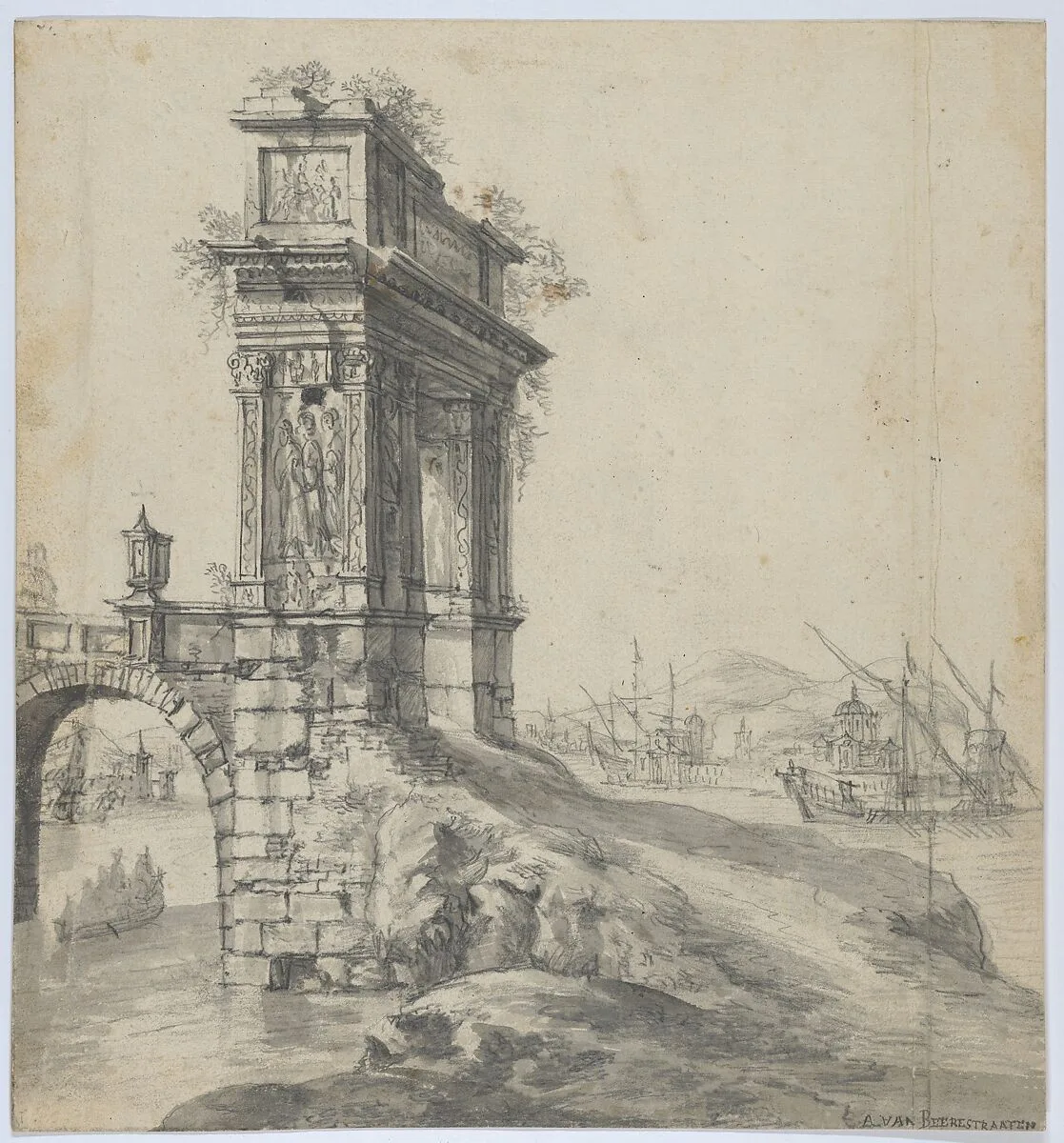 Capriccio of a Bridge with the Arcus Argentariorum by a Mediterranean Harbor — Johannes Abrahamsz Beerstraten