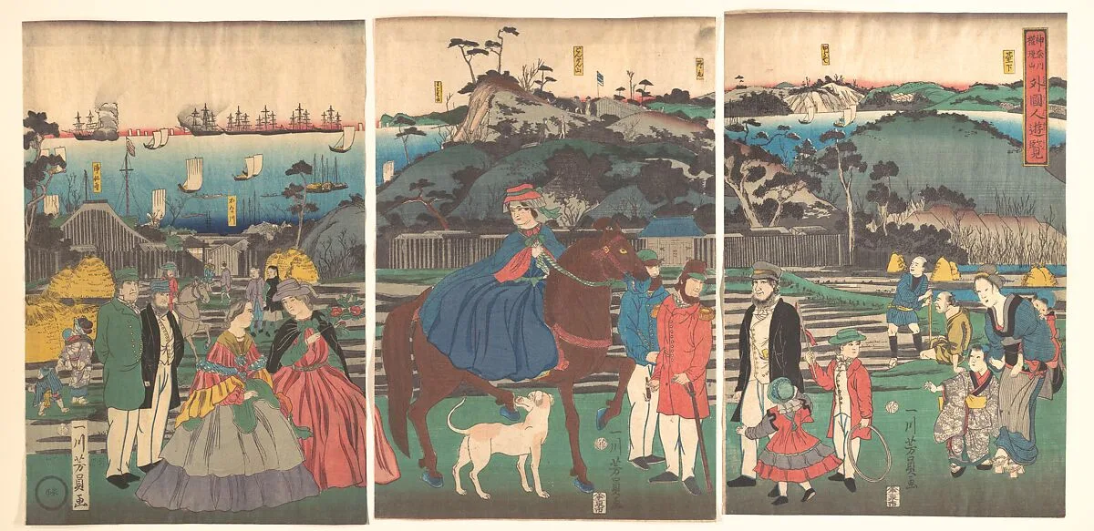 Kanagawa Gongenyama Gaikokujin yūran|Foreigners Visiting the Famous Site of Mt. Gongen in Kanagawa — Utagawa Yoshikazu