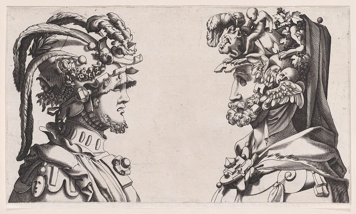 Fantastical Masked Masculine Heads — Anonymous, 16th century|René Boyvin|Rosso Fiorentino