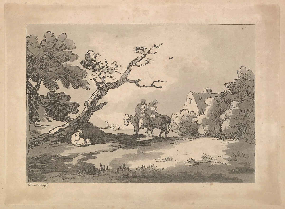 Landscape with Figures on Horseback, Another Resting Under a Gnarled Tree, and a Cottage at Right Nestled in Trees — Thomas Rowlandson|Thomas Gainsborough