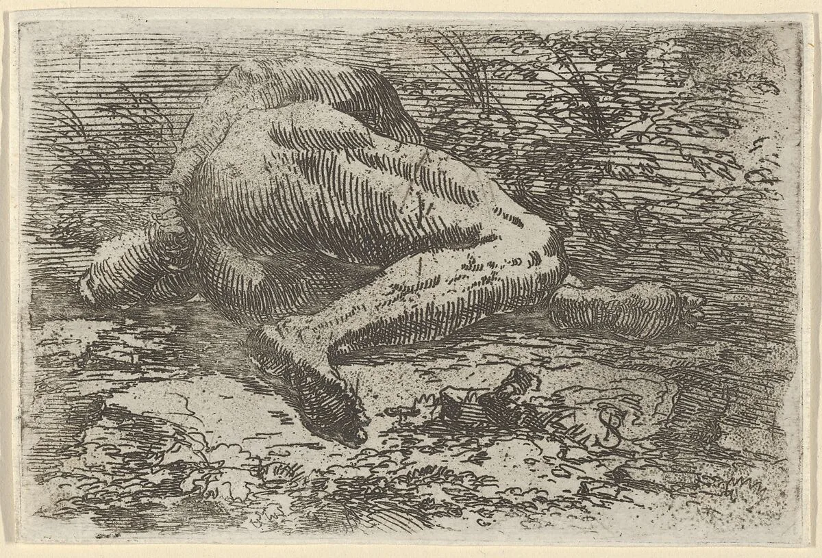 Male nude lying on his side with his right arm behind his back — Salvator Rosa