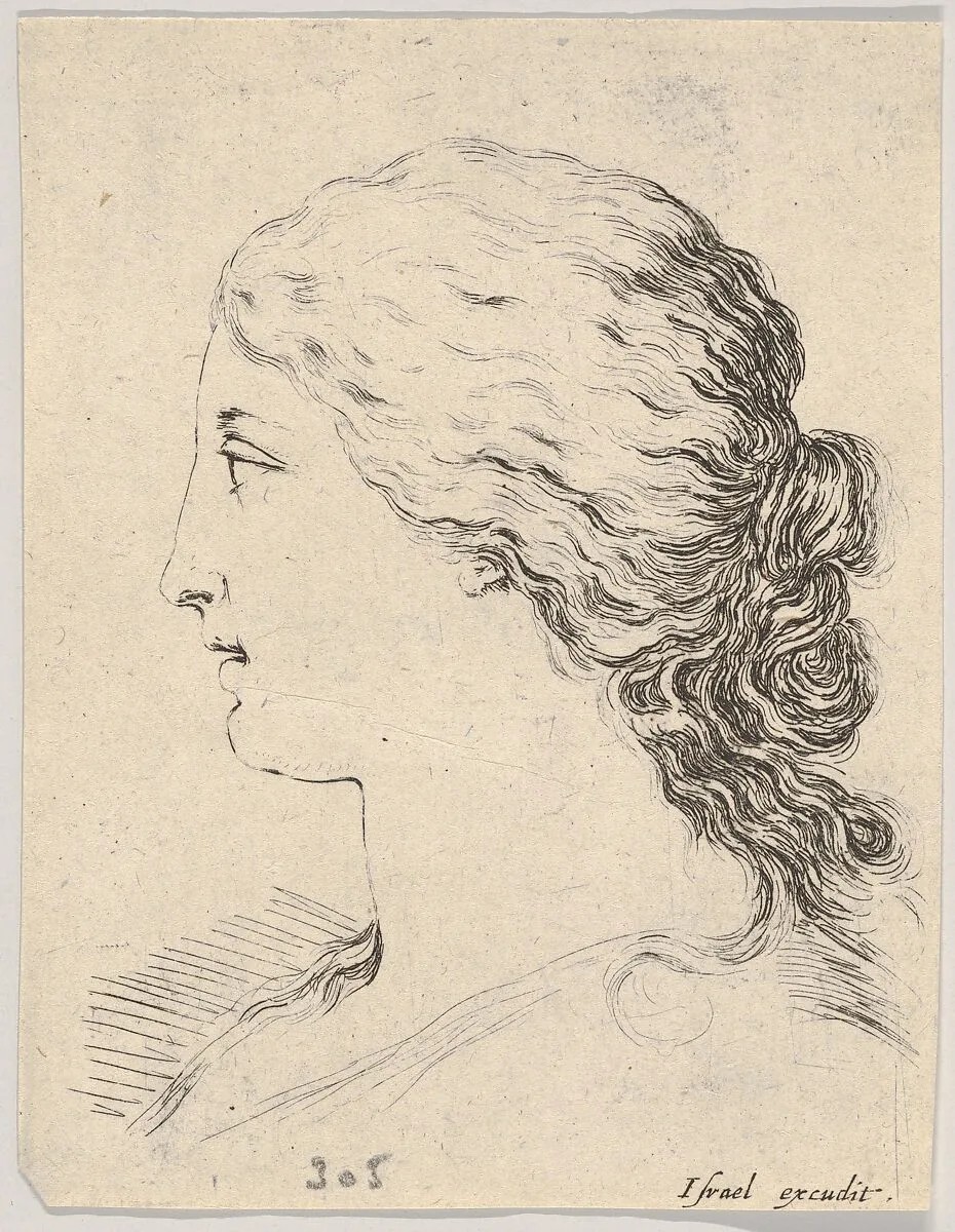 Plate 14: head of a woman, in profile, from 'The Book for Learning to Draw' (Livre pour apprendre à dessiner) — Stefano della Bella|Israël Henriet
