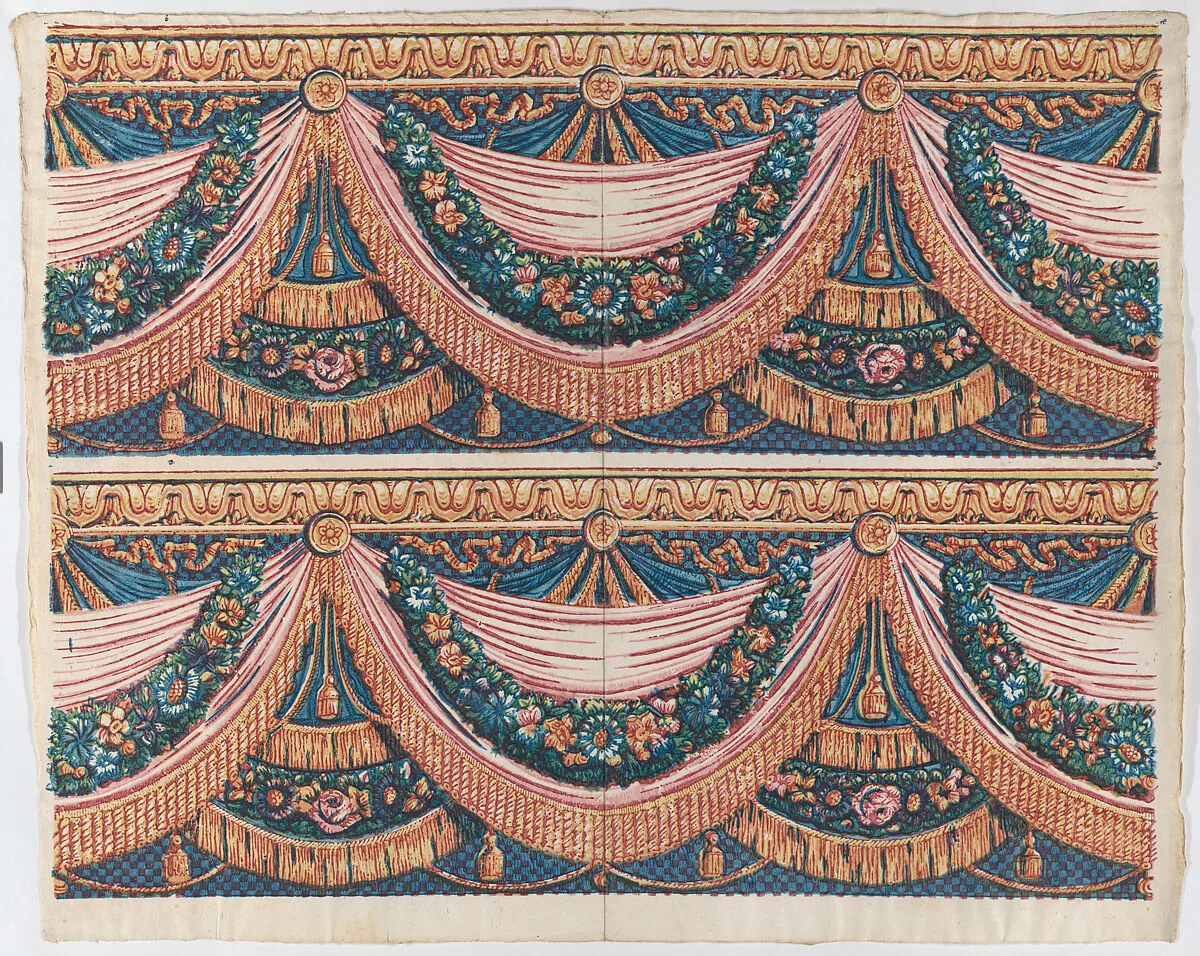 Sheet with two borders with draped curtains and floral garlands — Remondini Family|Anonymous