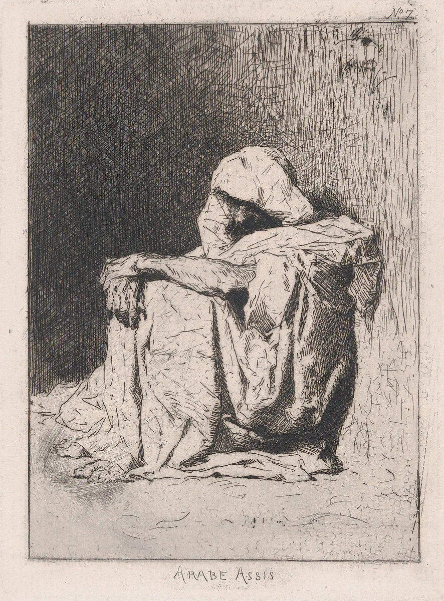 An Arabic man seated on the ground, head partly covered — Mariano Fortuny, 1838–1874