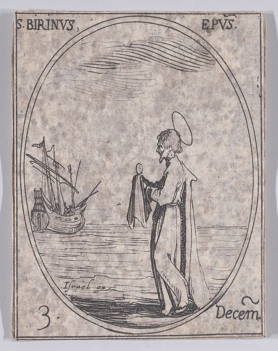 S. Birin, évêque (St. Birinus, Bishop), December 3rd, from "Les Images De Tous Les Saincts et Saintes de L'Année" (Images of All of the Saints and Religious Events of the Year) — Jacques Callot|Israël Henriet