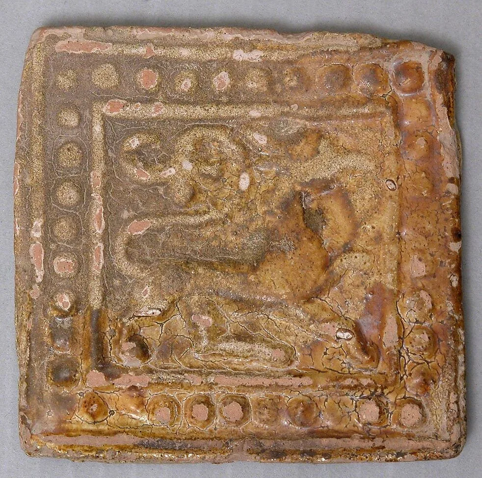 Square Tile Showing a Lion with Foliated Tail — Unknown