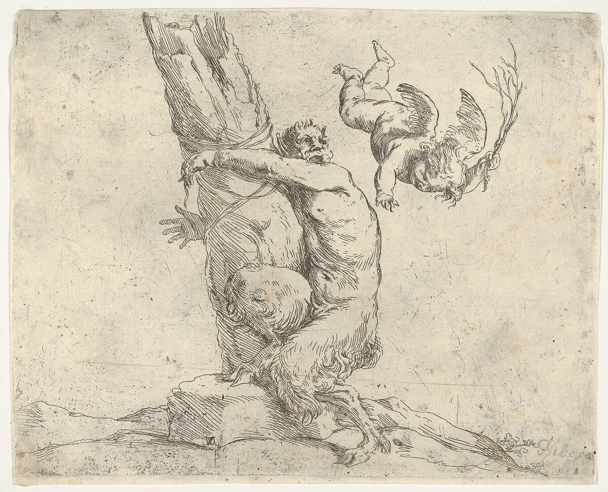 A winged putto flogging a satyr tied to a tree — Jusepe de Ribera (called Lo Spagnoletto)