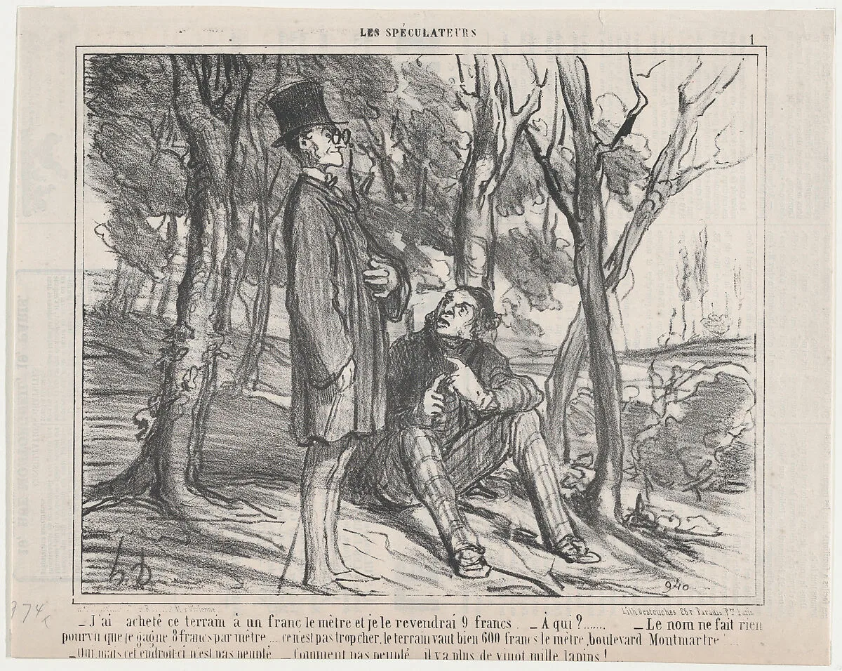 J'ai acheté ce terrain à un franc..., from Les Spéculateurs, published in Le Charivari, July 7, 1857 — Honoré Daumier|Aubert et Cie|Aubert et Cie