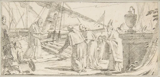 Illustration for a Book:  Bishops and Monks Being Received at a Ship by a Venerable Dignitary