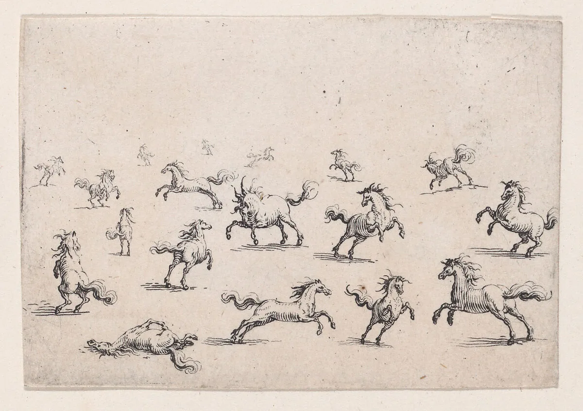 Chevaux Courant en Liberte (Horses Running Freely), from Les Caprices Series A, The Florence Set — Jacques Callot|Lorenzo de' Medici