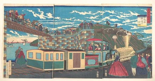 東京名勝高輪 蒸気車鉄道之全図|Illustration of Steam Locomotive Tracks at Takanawa, from the series Famous Places in Tokyo (Tōkyō meishō Takanawa-jōki kikansha no zen zu)