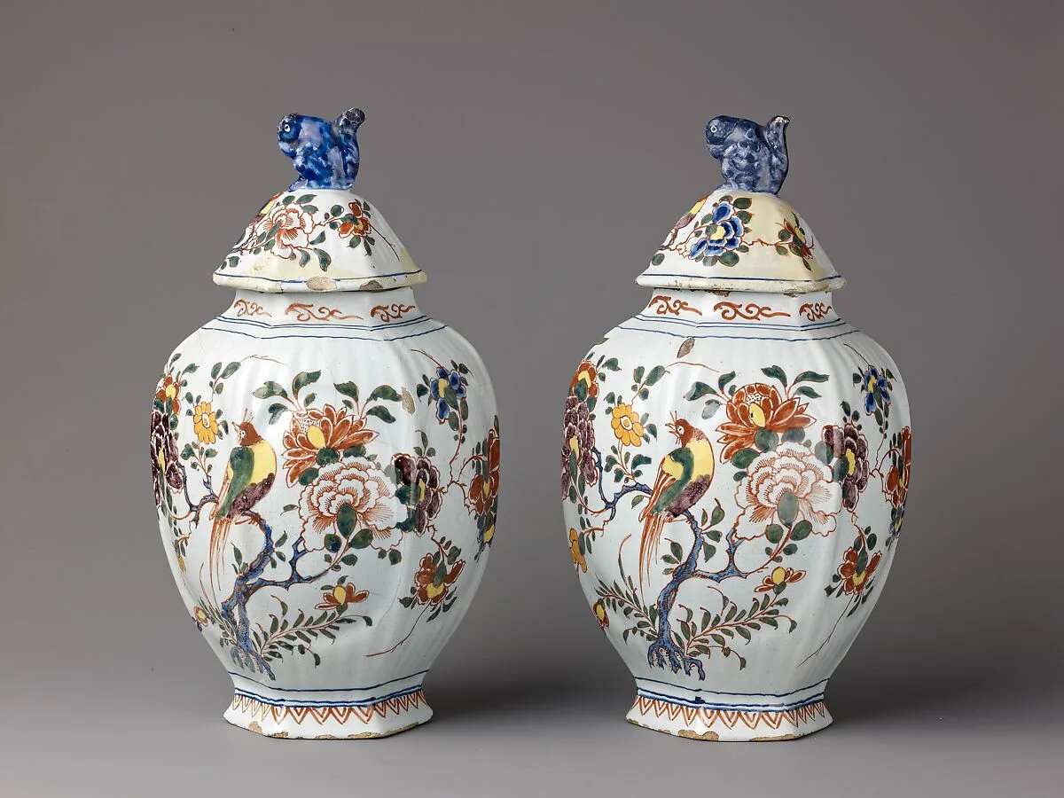 Covered Jar, polychrome floral decoration, handle on cover in shape of squirrel. — Unknown